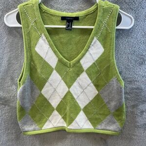 Forever 21 Green Argyle Cropped Vest Womens M Y2K Academic Schoolgirl Layering
